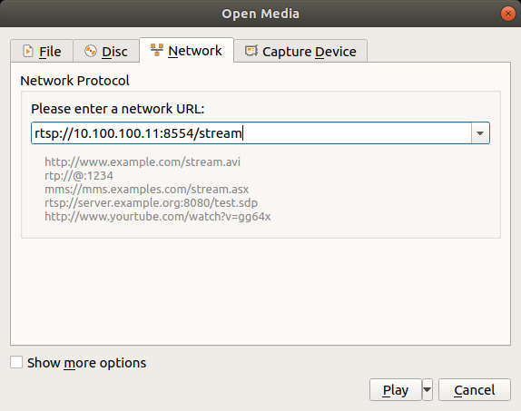 Accessing the stream with VLC, assuming the streaming device has the IP “10.100.100.11”